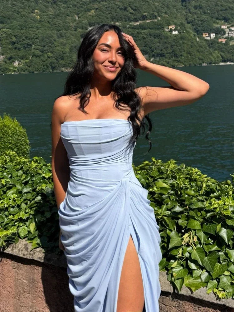 Sexy Strapless Folds Ruched High Split Long Dress Women Sleeveless Backless Lace-up Slim Dresses Celebrity Evening Party Gowns