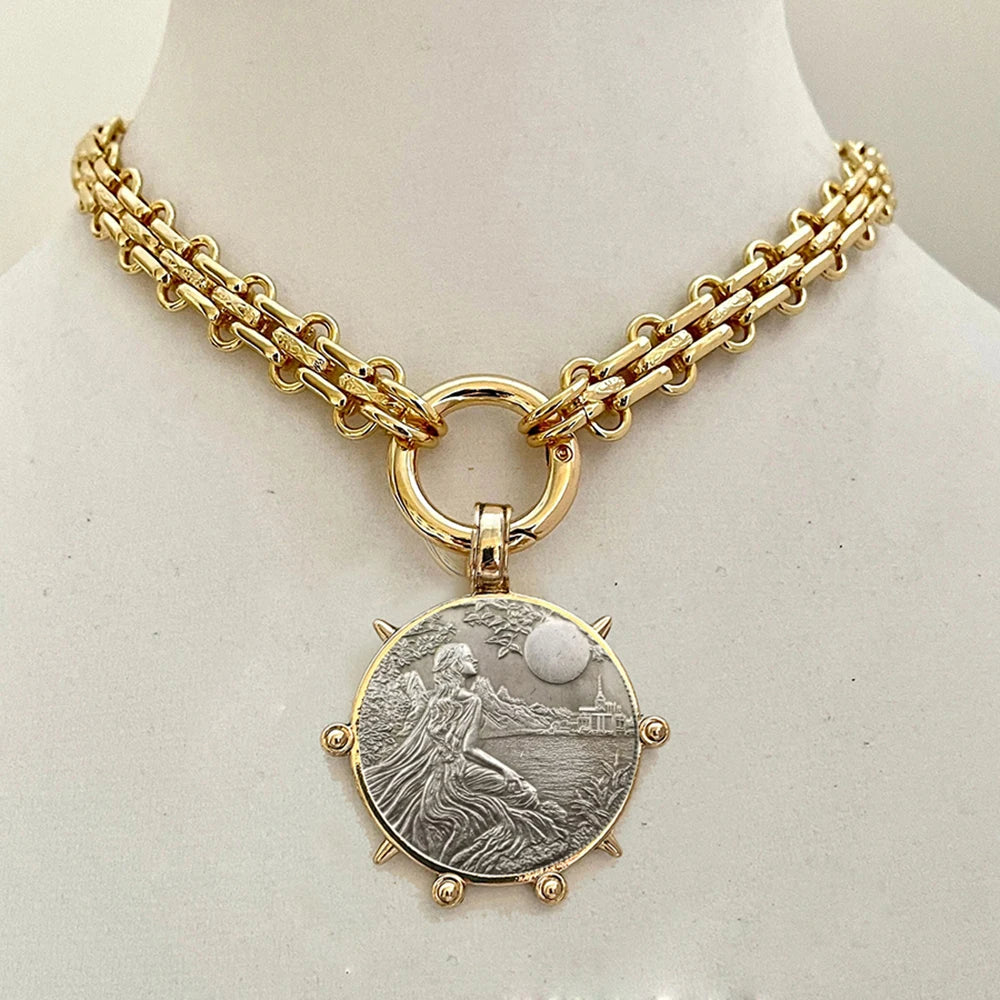2025 chunky layer Jewelry Luxurious imitation grey pearl exaggerate coin charm pendant Clasps Carabiner Necklace...