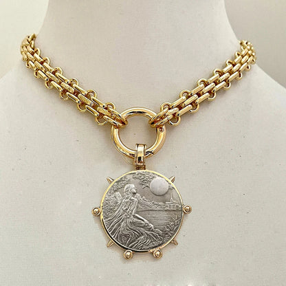 2025 chunky layer Jewelry Luxurious imitation grey pearl exaggerate coin charm pendant Clasps Carabiner Necklace...