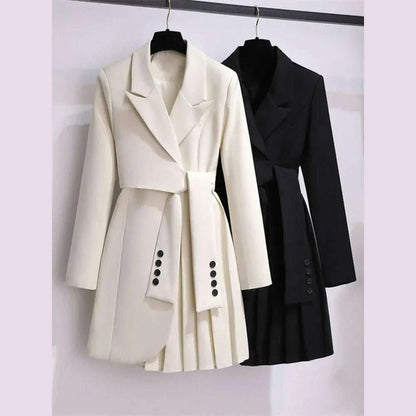2022 Autumn Office Sashes Bandage Waist Tie Blazer Dress Women Long Sleeve Notched Collar Pleated Irregular Mini Vestidos