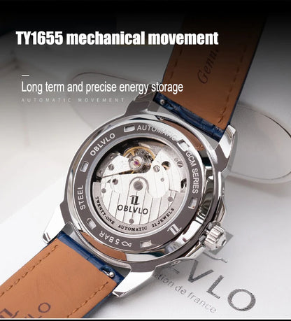 OBLVLO Men's Fashion Automatic Watch Colorful Zircon Moonphase Mechanical Multifunctional Black Leather Strap Timepiece...