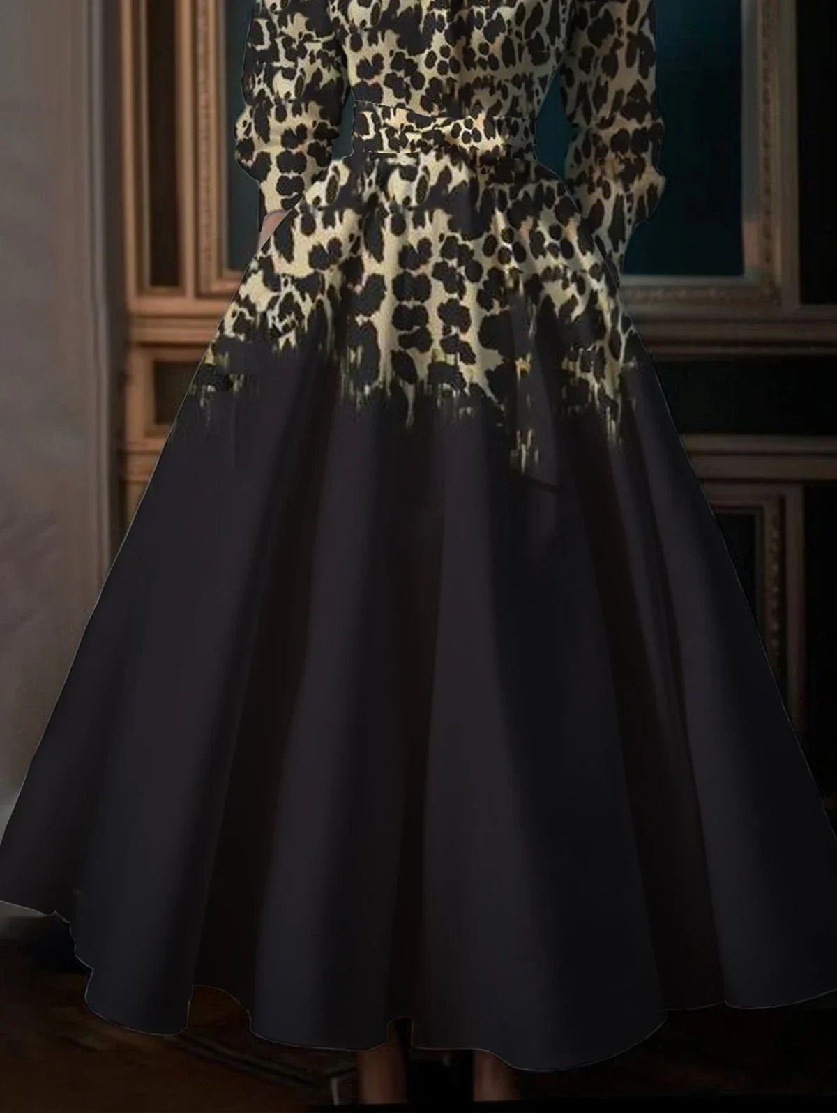 Retro Boho Leopard Pattern Casual Dress for Women High Street Style Standing Collar Loose Swing Shirt Dress in Big Sizes