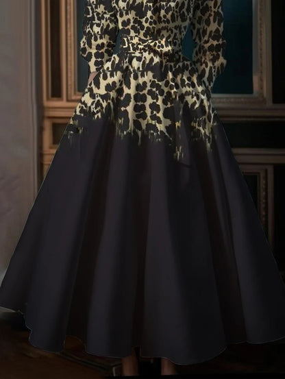 Retro Boho Leopard Pattern Casual Dress for Women High Street Style Standing Collar Loose Swing Shirt Dress in Big Sizes