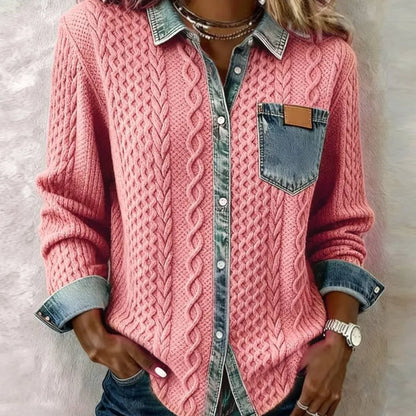 Women knit Denim Shirt Coat Overshirt Vintage Blouse Single Breasted Turn Down Collar Pockets Washed 2025 Office Lady Top Jacket - Kimlud