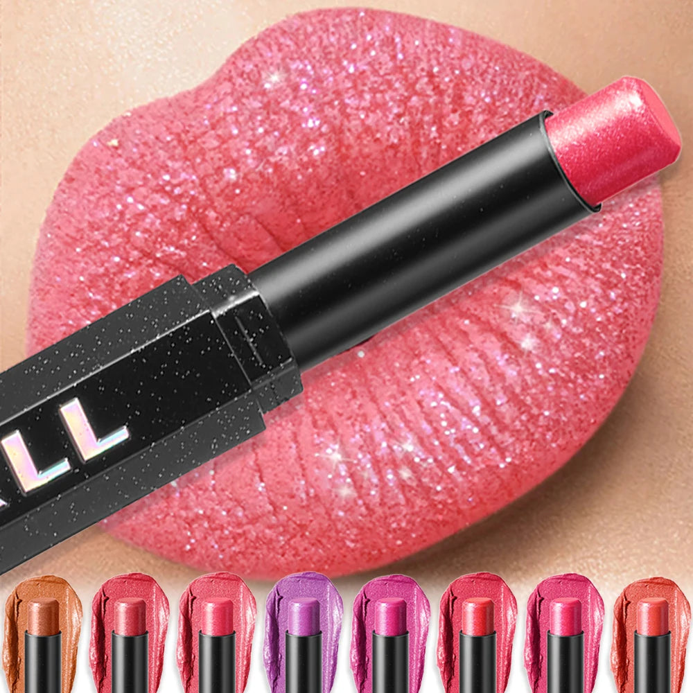 Diamond Shiny Lipstick Highly Pigmented Metallic Pearl Lipstick Waterproof Long-Lasting Makeup Sparkle Radiant All Day Cosmetic