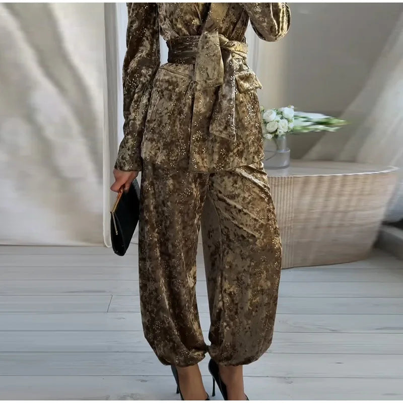 Fashion Velvet Print Lapel Belt Suit Pant Set Women Solid Lace Up Full Sleeve Blazer Wide Leg Cuffed Pants 2025 Autumn Lady Sets