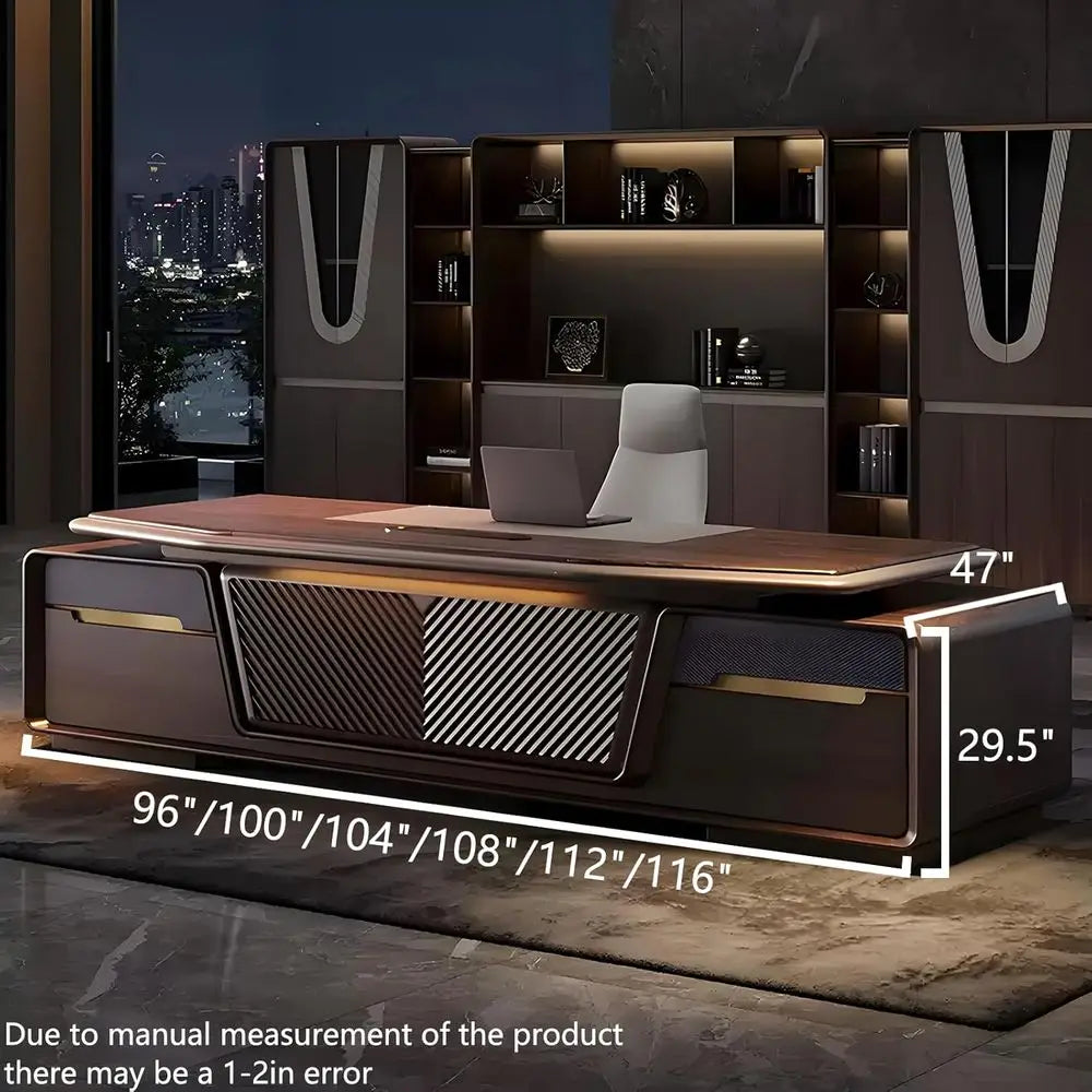 Sleek Straight Desk with Drawers, Home Office Computer Table, Solid Wood Storage, Ambient Light, Wire Management, Easy Assembly, - Kimlud