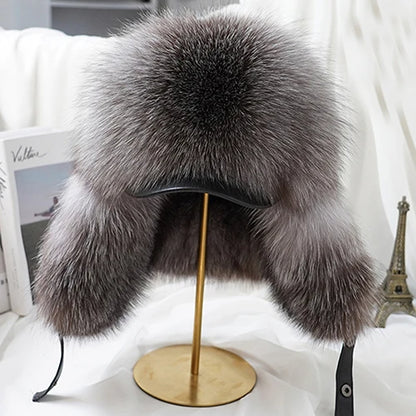 Fashion Winter Men's 100% Real Silver Fox Fur Bomber Hat Raccoon Fur Ushanka Cap Trapper Russian Man Ski Hats Caps Real Leather
