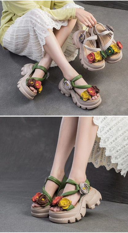 Koznoy 7cm Cow Genuine Leather Platform Wedge Women Summer Flower Slippers Pumps Hook Hollow Mary Jane Sandals Shoes Flats - Kimlud