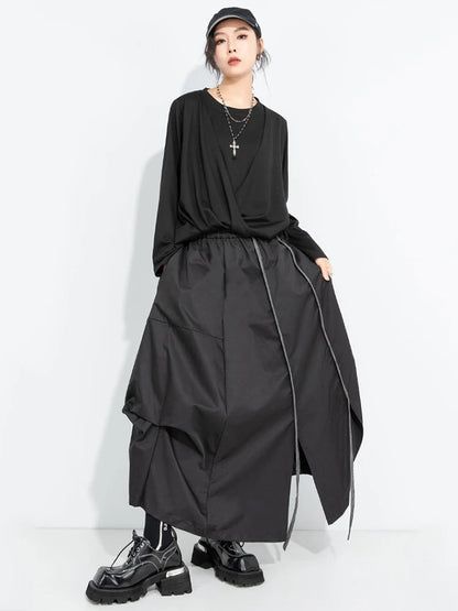 [EAM] High Elastic Waist Black Irregular Slit Casual A‑Line Half‑body Skirt Women Fashion Tide New Spring Autumn 2026...