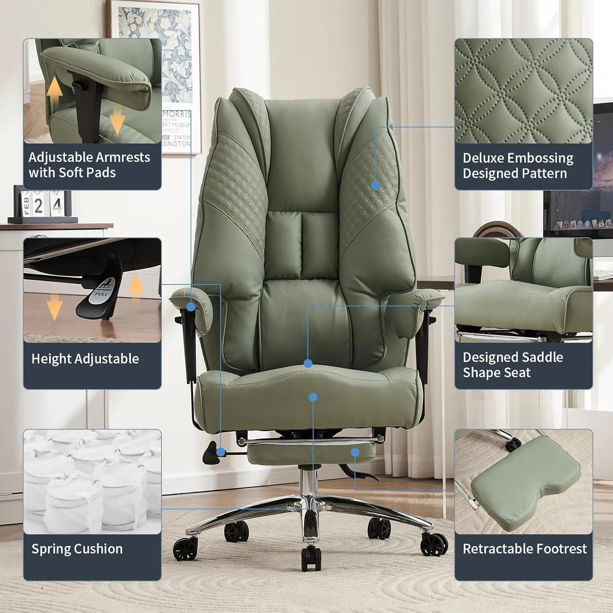 Ergonomic Executive Office Chair with Footrest, 400lbs Capacity, Lumbar Support for Back Pain Relief in Light Green |...