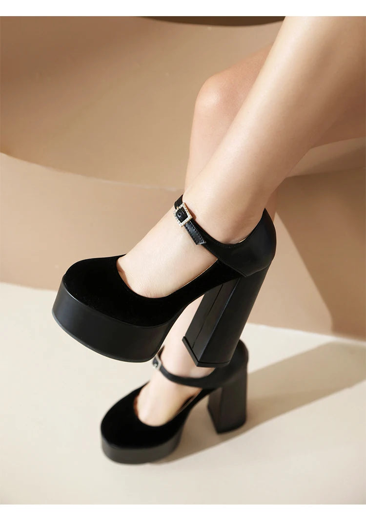 2024 Matte Flock Splice PU Shallow Mouth Hollow Breathable Waterproof Platform Ultra High Thick Heel Ankle Buckle Women's Pumps