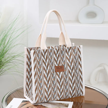 Chevron Pattern Canvas Tote Bag, Retro Letter Patch Decor Handbag, Women's Causal Shopper & Commuter Bag