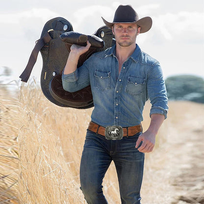 1pc men's Western style belt, wild horse, carved floral patterns and long horn decorations, retro style, great Valentine's Day g