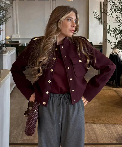 TRAFZA Women Vintage Wine Red Coat O Neck Long Sleeve Single Breasted Jacket With Pockets Autumn Casual Office Lady Outerwear