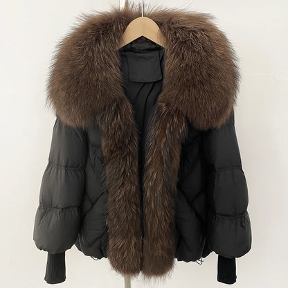 OFTBUY Large Real Raccoon Fur Jacket Knit Sleeve Real Fur New Winter Puffer Jacket Women White Duck Down Coat Oversized Feather