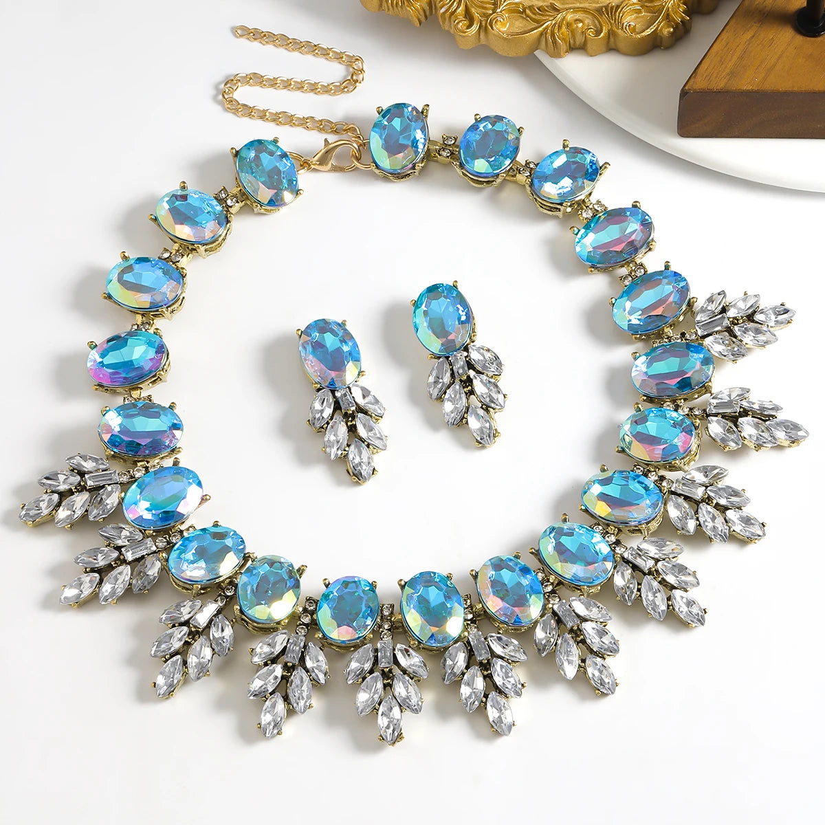 Best Lady Geometric Rhinestone Necklace & Short Glass Earrings Stitching Decorative Neck Chain Dress Jewelry Set