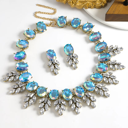 Best Lady Geometric Rhinestone Necklace & Short Glass Earrings Stitching Decorative Neck Chain Dress Jewelry Set