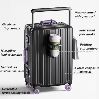 New Aluminum Frame Wide Handlebar Rolling Luggage Large Capacity Trolley Suitcase with Colorful Silent Spinner Wheels TSA Lock