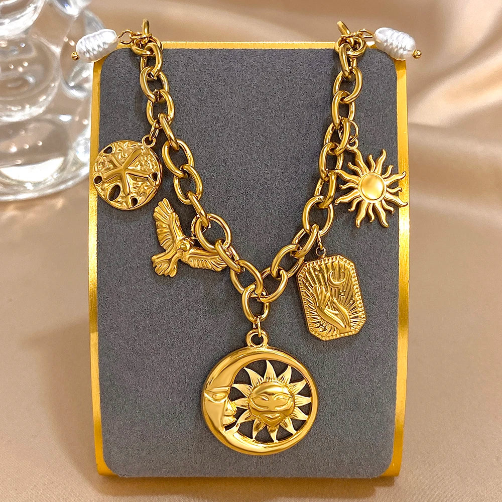 Greatera Stainless Steel Sun Moon Multi Accessory Necklace Gold Color Pearl Pendant Waterproof Light Luxury Jewelry For...