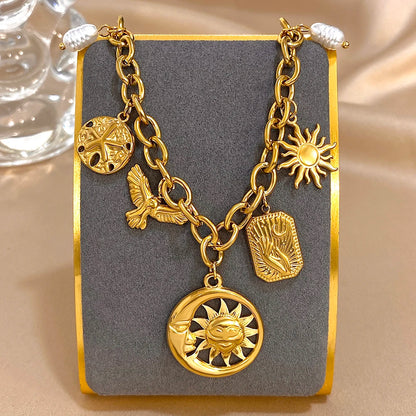 Greatera Stainless Steel Sun Moon Multi Accessory Necklace Gold Color Pearl Pendant Waterproof Light Luxury Jewelry For...
