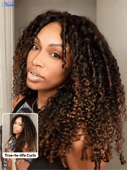 Nadula Burmese Curly Glueless Wig with Finger Coils End Chestnut Brown Ombre 7x5 Pre Cut HD Transparent Lace Pre...