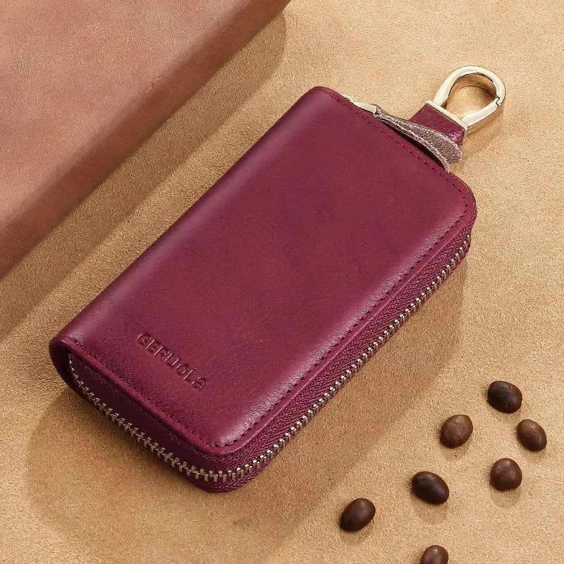 Men'S Key Holder with 2 Card Slots + 1 ID Key Clip + 6 Key Rings + 1 Car Key Chain, Genuine Leather Large Capacity Multi-Car