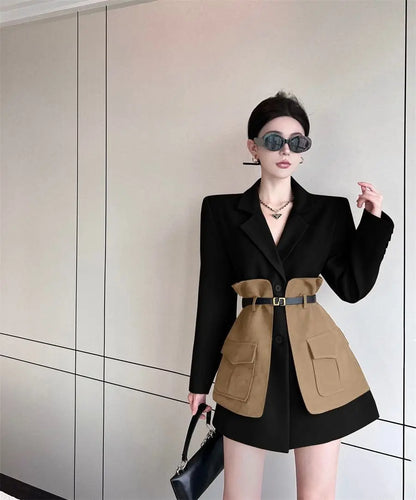 Original Design Blazer Women Fashion New Loose Spliced Pocket Korean Shrug Notched Single Breasted Blazer Mujer Femal...
