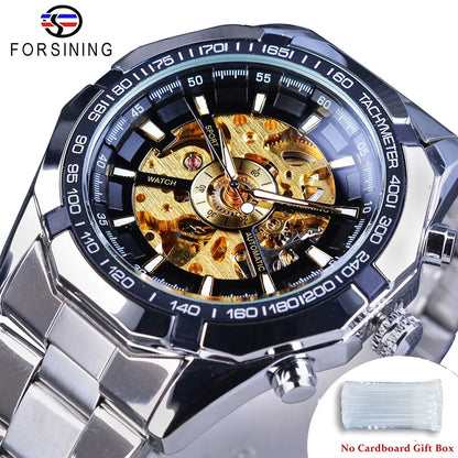Forsining 2021 Stainless Steel Waterproof Mens Skeleton Watches Top Brand Luxury Transparent Mechanical Sport Male Wrist Watches - Kimlud