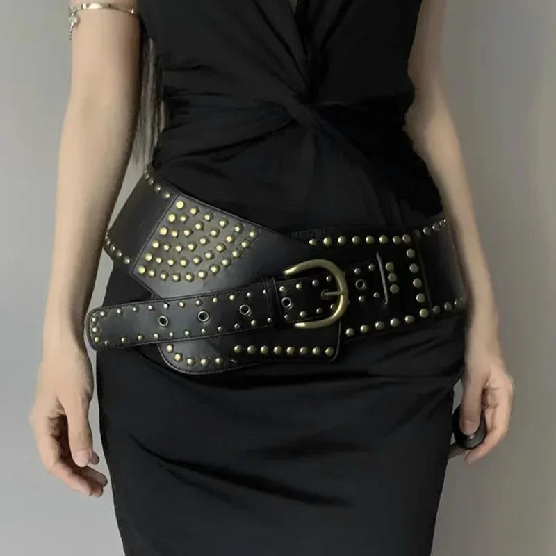 Vintage Rivet Punk Wide Belts American Y2K Metal Pu Spice Girls Waistband Western Heavy Duty Irregular Design Skirt Decoration