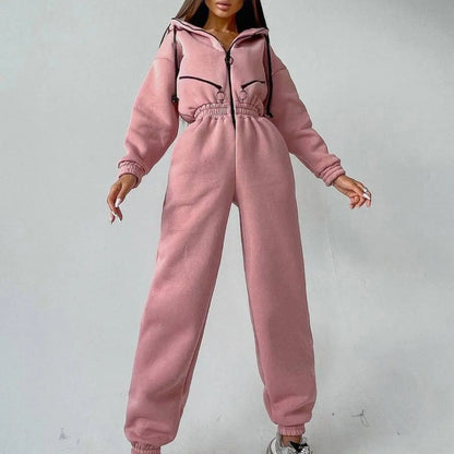 Long Sleeve Sports Casual Women's Hooded Overall Pants Jumpsuits Solid Color Jumpsuit Women One-Piece Suit - Kimlud