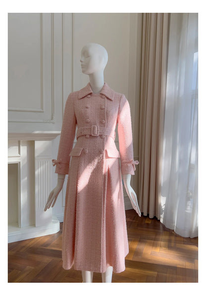 IEQJ Fashion Autumn Pink Woolen Coat Women Turn-Down Collar Double Breasted Sashes Tighten Waist Slim Blends Coat New