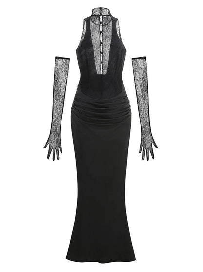Sexy Sleeveless High Neck Lace Patchwork Long Dress with Gloves Women Black Hollow Out Buttons Evening Club Party Maxi...