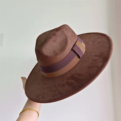 Colorblock Ribbon Colorful Suede Hat Autumn and Winter Women's Felt Hat Wide Brim Hat British Style Retro Men's Gorras Hombre - Kimlud