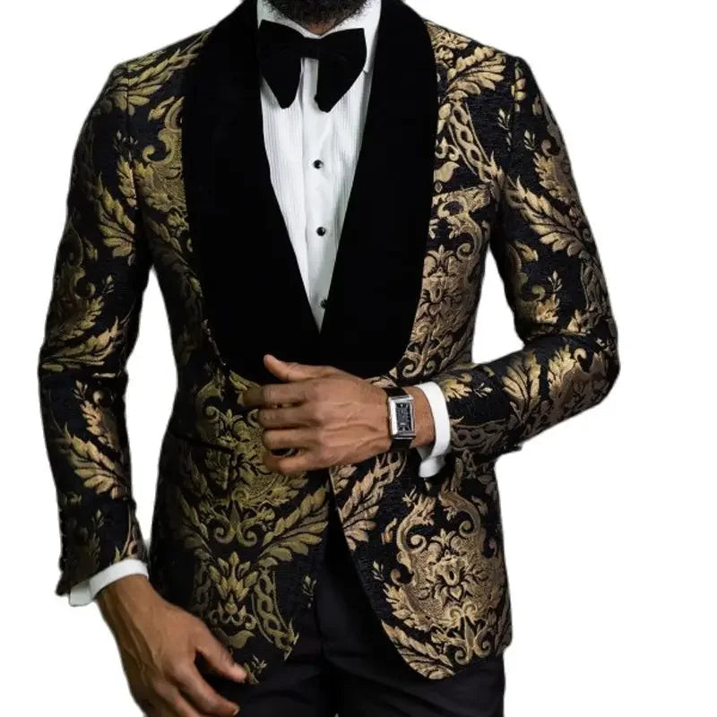 Jacquard Floral Tuxedo Suits for Men Wedding Slim Fit Navy Blue and Gold Gentleman Male Costume Suit Set