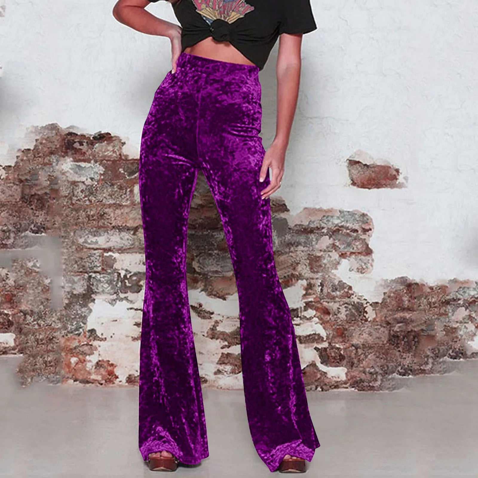 Vintage Velvet Flare Pants Women Sexy High Waist Floor-Length Trousers Lady Casual Velour Bell Bottom Pants Stretchy Retro Pant