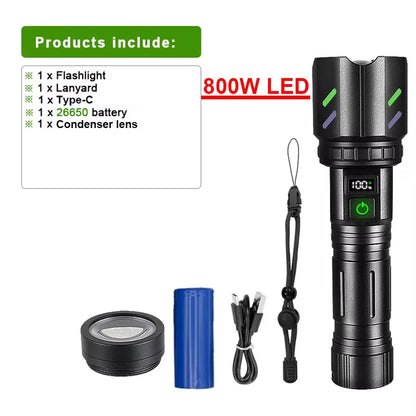 Most Powerful 200000LM Tactical Flashlight Firestarter High Power Led Flashlight Type-C Rechargeable Torch Laser Pointer Outdoor