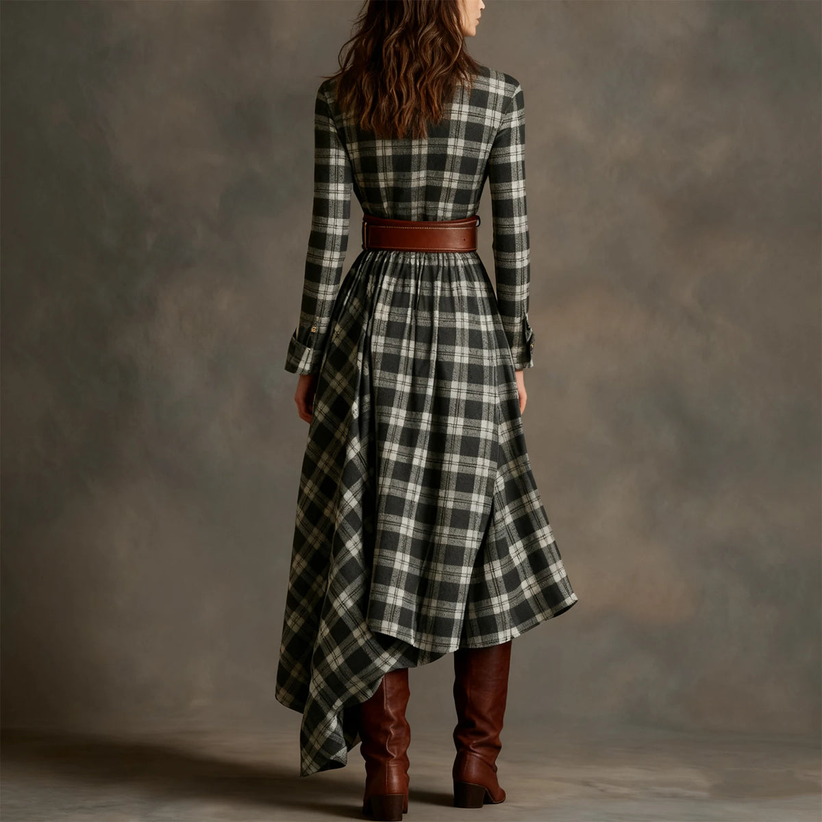 Retro Plaid Long Dresses Ladies Fashion Irregular Hem Slit Spring Autumn Long Sleeve Dress Western Style Buttons Shirt Dress New