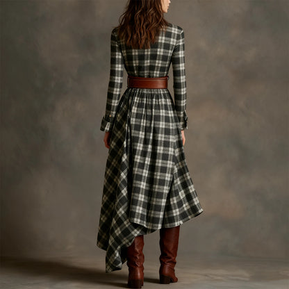 Retro Plaid Long Dresses Ladies Fashion Irregular Hem Slit Spring Autumn Long Sleeve Dress Western Style Buttons Shirt Dress New
