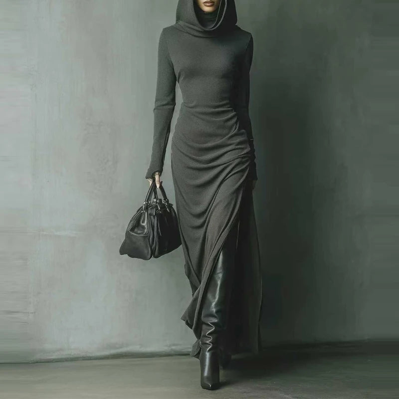 Casual Long Sleeve Solid Color Sport Dress Elegant Hight Waist Pleat Side Long Dresses Women's Fashion Long Sleeve...