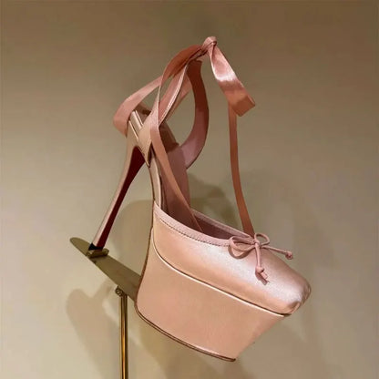 New 2026 Woman's Lace-Up High Heeled Shoes Square Toe Thin Heels Platform Pumps Mujer Pleated Slingback Wedding Luxury Sandals