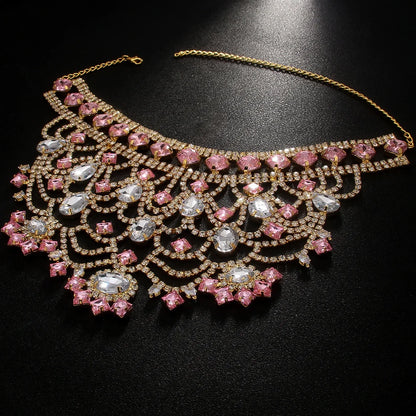 Pink Exaggerated Choker Necklace for Women Wedding Jewelry Gifts Charming Oversize Rhinestone Chunky Choker Chain Drag Queen