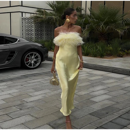 Women's Feather Strapless Dress Fashionable Sleeveless Backless Satin High Waisted Dresses 2026 Party Banquet Women's Gown