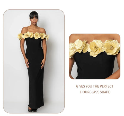 VC Elegant Fashion Off-Shoulder Black Maxi Dress with Golden Floral Embellishments Party Evening Gown