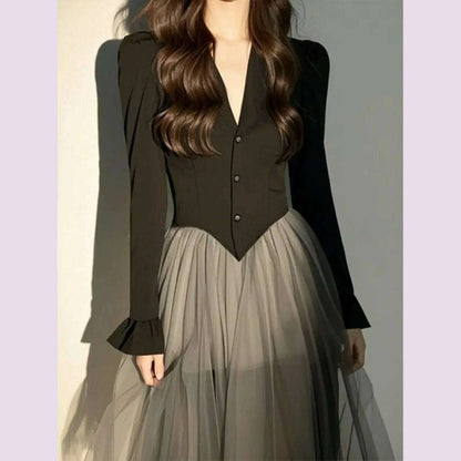Neploe Celebrity Advanced Fashion Luxury Dress Patchwork Mesh Elegant Vintage Women Vestidos 2025 New Flare Sleeve Minority Robe