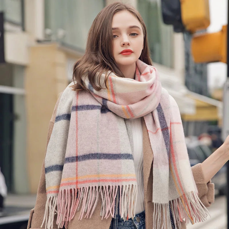 Winter 100% Lamb Wool Scarf Women Luxury Thicken Warm Shawls Wraps Checkered Pashmina Foulard Femme Plaid Cashmere...