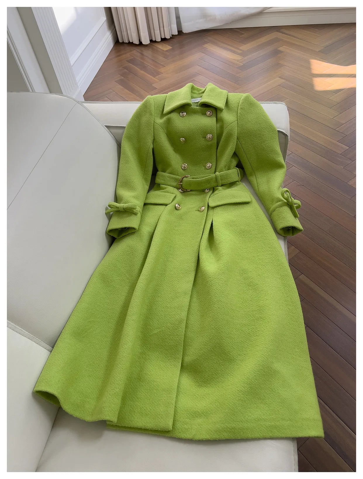 IEQJ Fashion Autumn Winter Green Woolen Coat Women Turn Down Collar Long Sleeves Double Breasted Sashes Slim Blends Coats New