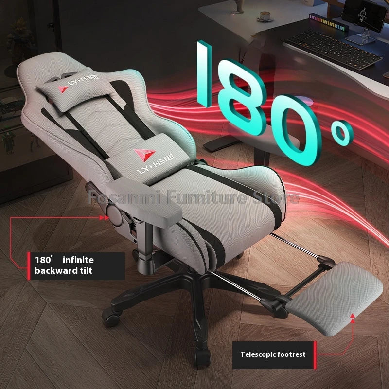 Stylish Reclining Gray Leather Gaming Chair Home Office Ergonomic Desk Chair with Lumbar Pillow Adjustable Gamer Computer Chairs