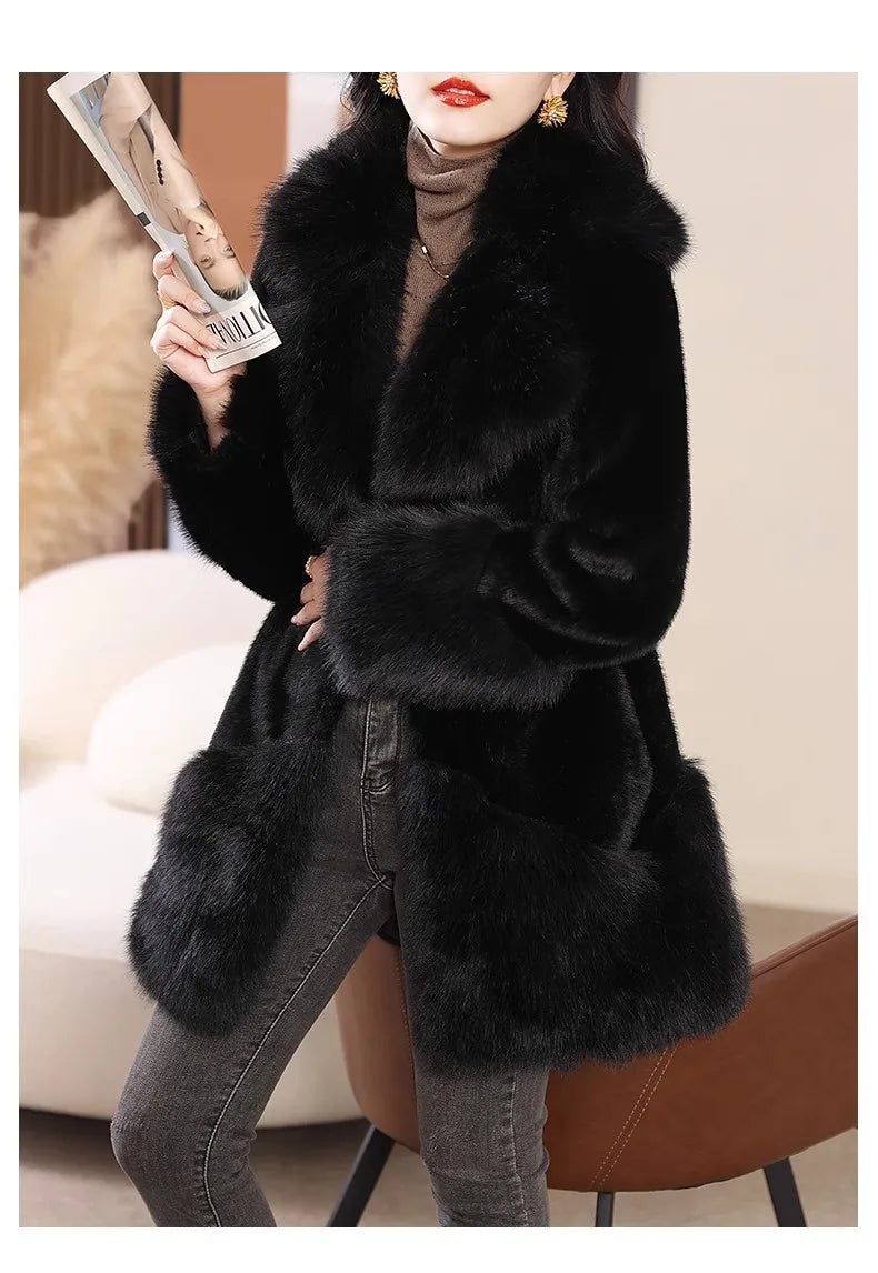 Elegant Simplistic Women's Faux Fur Mink Coat Eco-Friendly Long Sleeve Mid-Length Fashionable Winter Outerwear Coat