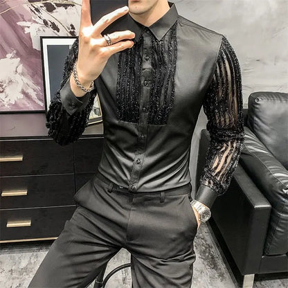 Spring Autumn Y2K Fashion Harajuku Shirt Men All Match Loose Casual Tops Patchwork Blusa Long Sleeve Button Lace Male Clothes - Kimlud